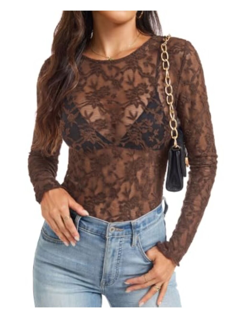 Sheer Lace Mesh Long Sleeve Crew Neck Undershirt Layering Top